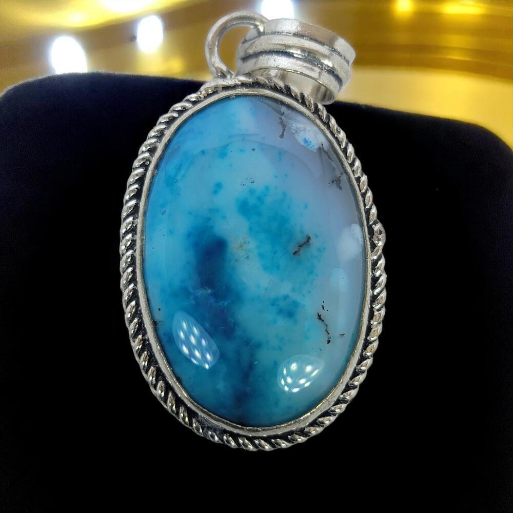 Blue Opal Pendant – Handmade Sterling Silver 1.5" Oval Necklace